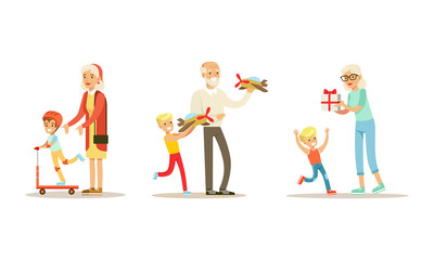 Grandparents Walking and Having Good Time with their Grandchildren Set Cartoon Vector Illustration