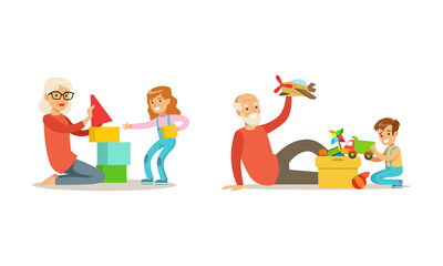 Grandparents Playing and Spending Time with Grandchildren Set Cartoon Vector Illustration