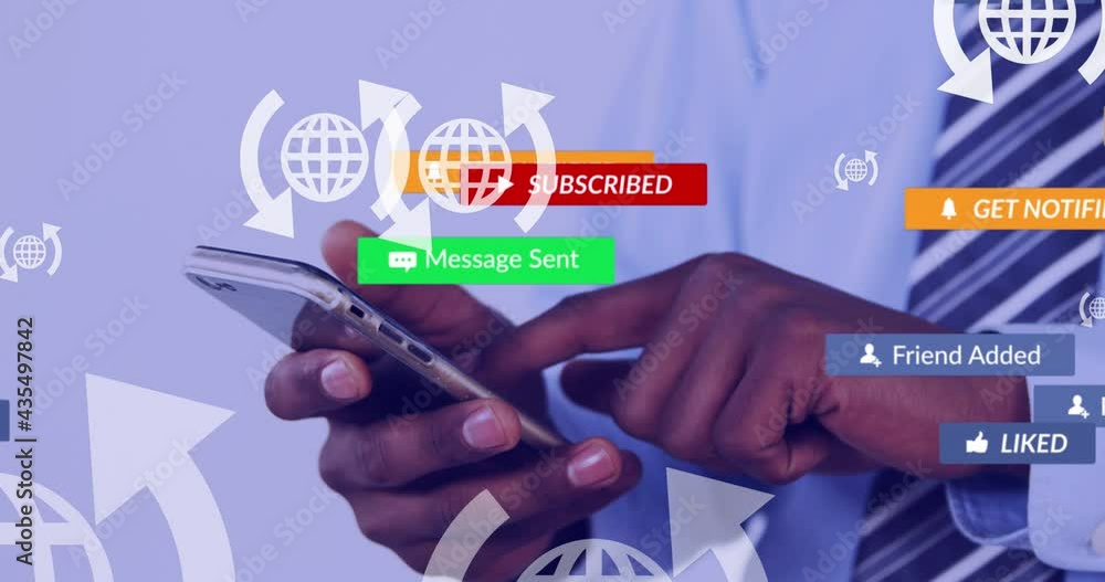 Poster animation of social media text on banners with digital icons over businessman using smartphone