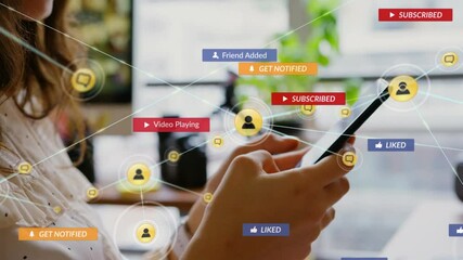 Animation of social media text on banners with digital icons over woman using smartphone - Powered by Adobe