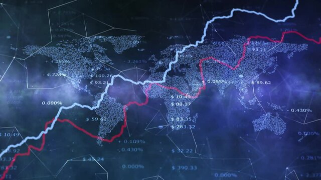 Artistic world map with business data index blue abstract animation background.