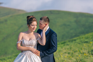 the bride and groom in hugs on the background of mountains.
