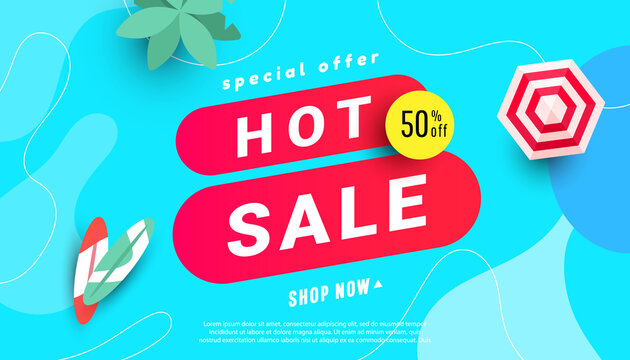 Hot summer sale banner template with umbrella, surfing board, palm tree on bright background with copy space. Vector illustration for banner, flyer, poster or website design.