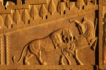 Relief sculpture of the subject people of the Achaemenian Empire in Apadana Palace, Persepolis, Iran.