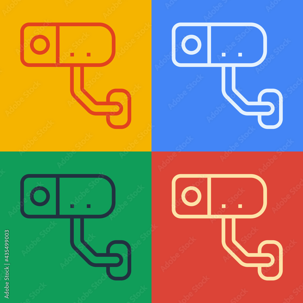 Poster pop art line security camera icon isolated on color background. vector