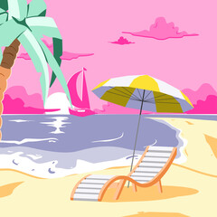 Chair and Palm on tropical beach near the sea shore. Summer Travel and Summer Vacation Postcard. Pink sunset on the sandy beach landscape vector illustration.