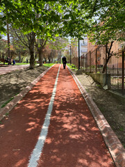 The shadows of the leaves and branches of trees over the walking road. An old man walking in the park. Selective focus.