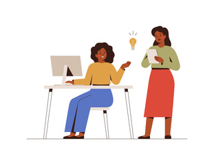 Businesswomen work together on a project in the office. Colleagues share their ideas with each other. Female entrepreneurs during brainstorming. Effective and productive teamwork. Vector illustration