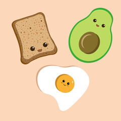 Bread with egg and avocado romantic moment. Cute mascot character. Kawaii bread vector illustration isolated on yellow background. Funny breakfast story.