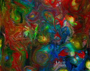 Texture in the style of fluid art. Abstract background with swirling paint effect. Liquid acrylic paint background. Blue, red and green colors.