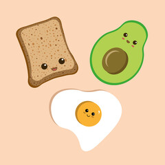Bread with egg and avocado romantic moment. Cute mascot character. Kawaii bread vector illustration isolated on yellow background. Funny breakfast story.