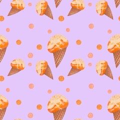 peach ice cream in brown cone on purple background pattern