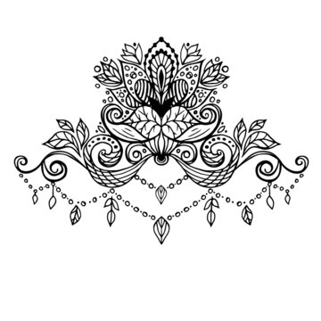 lotus flower tattoo with leaves and beads outline in black. Vector illustration
