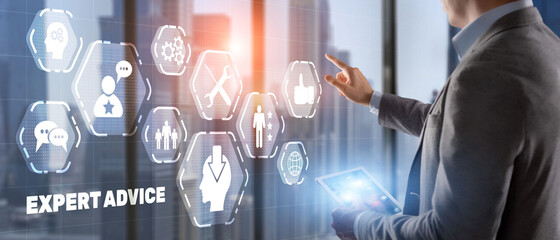 Businessman pressing button EXPERT ADVICE on virtual screens