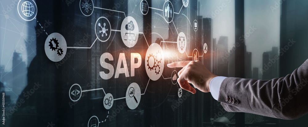Poster sap intelligent robotic process automation. system software automation concept on futuristic virtual