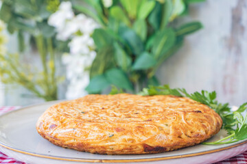 Omelette and whole noodle omelet on a plate. Normal view. Take landscape.