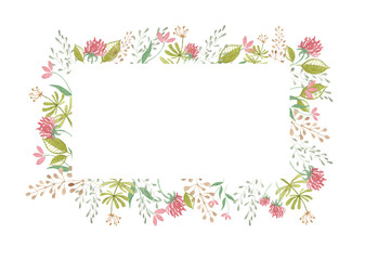 Watercolor floral Frame with leaves and Flowers. Hand drawn illustration of Border for Wedding invitations or any design. Plants on white isolated Background