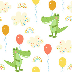 Seamless pattern with cartoon cute crocodile, balloons, rainbows. Baby textiles.
