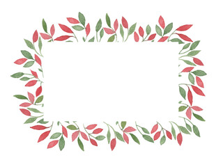Watercolor floral Frame with green and red Leaves. Hand drawn illustration of Border for Wedding invitations or any design. Plants on white isolated Background