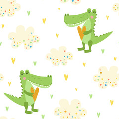 Seamless pattern with cute crocodiles, air clouds and hearts.
