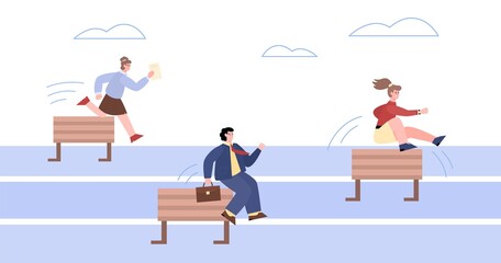 Business people jump over obstacles after leader, vector cartoon illustration.