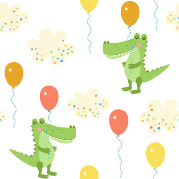 Seamless pattern with cartoon cute crocodile, balloons, rainbows. Baby textiles.
