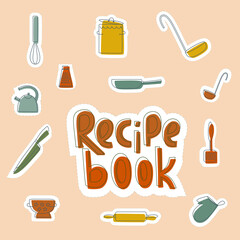 Sticker set for recipe book- cooking lettering with kitchen tools, cookware in boho colors outline. Vector stock illustration on background for print industry, web site online school. EPS10