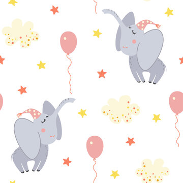 Seamless  with cute elephants, balloons, clouds on a white background. Cartoon baby pattern. Good night.