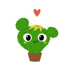 Lovely cartoon pot with cactus. Vector funny succulent. Summer Graphic. Doodle decor with funny cactus and heart. Valentine’s Day greeting card. Colorful design for prints, posters, t-shirt, sticker
