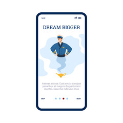 Onboarding mobile page with pilots looking as genie, flat vector illustration.