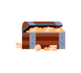 Pirates open treasure chest full of gold, flat vector illustration isolated.