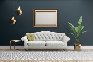 Dark grey gray room with gold accents and empty frame for mockups