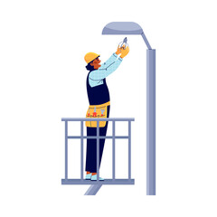Power lineman or electric replaces bulb on post, vector illustration isolated.