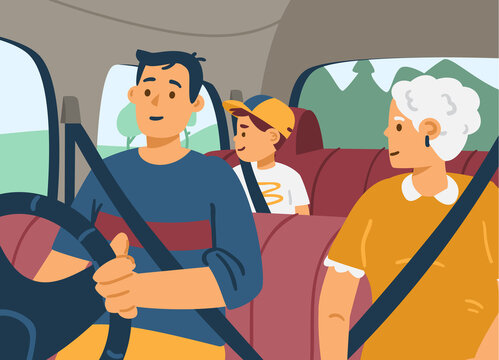 Happy family travel inside car wearing seat belt a vector flat illustration.