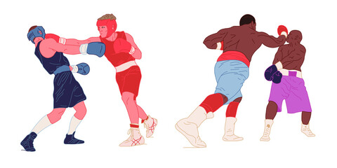 Boxing. Boxers fight duel Isolated on a white background. Sports Championship People Boxing Fighters Match Competitions. Vector illustration - obrazy, fototapety, plakaty