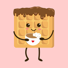 Kawaii Belgium  waffles  with pink cheeks and winking eyes, pastel colors on white or pink background. Vector illustration. Waffle with cup of coffee, cocoa, pudding. Waffles in icing.