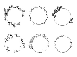 set of frames. Wreath of flowers and branches handmade drawing vector. Wedding invitation.