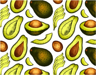 Drawing pattern of sketch green avocado isolated on white background. Sliced avocado with brown stone. Engraving colorful vegan mexican food. Healthy eating. Avocado wallpaper. Vector illustration.