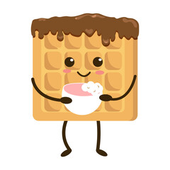Kawaii Belgium  waffles  with pink cheeks and winking eyes, pastel colors on white or pink background. Vector illustration. Waffle with cup of coffee, cocoa, pudding. Waffles in icing.