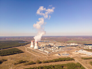 Nuclear power plant production clean energy from source renewable energy. Industrial zone with...