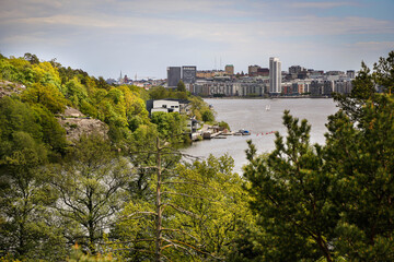 Obraz premium Residential buildings and park landscape in a Stockholm suburb. 