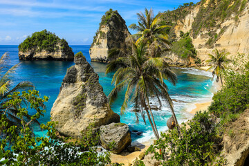 Beautiful diamond beach in Bali. View of nice tropical beach with palms trees. Holiday and vacation concept.