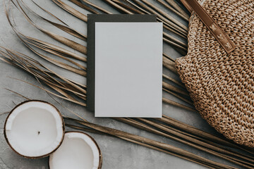 Creative summer minimal mock-up. Dried palm leaves and coconut  on neutral background. Still life minimal concept. Flat lay, top view, copy space, square - 435504810