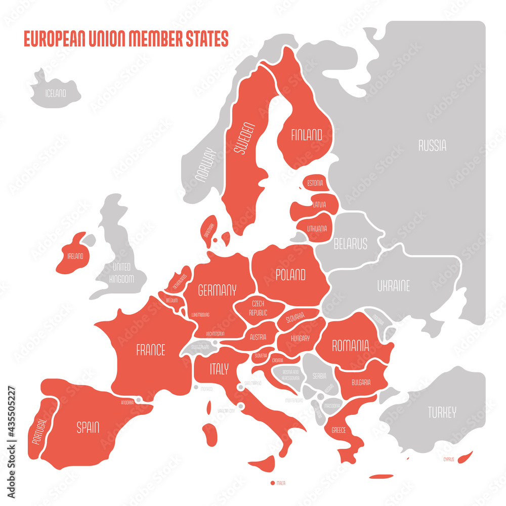 Poster simplified map of eu, european union. rounded shapes of states with smoothed border. red simple flat