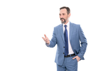 professional bearded ceo has conversation. confident boss with graying hair.