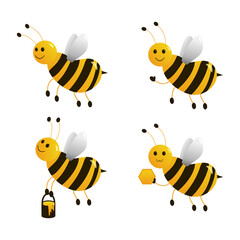 Cute smiling flying bees on isolated background. Vector bumblebee holding a bucket with honey. Honeybee waving a hand. Kawaii bee holding a honeycomb cell