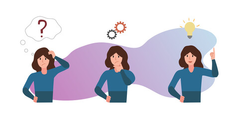 Vector illustration of a woman with a question mark, gears, bulb over his head. Concept of a thinking process, coming up with idea.