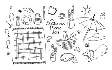 Picnic set. Hand-held picnic basket, drinks, thermos, cups, plates, food, sun hat, and more. Isolated vector illustrations in the doodle style on a white background. For the National Picnic Day