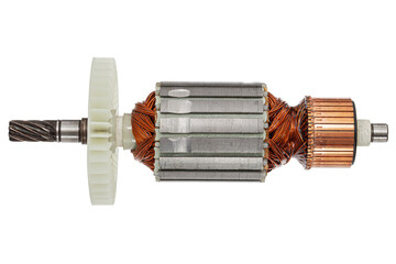 Rotor or of anchor electric motor closeup, isolated on white background