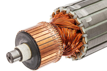 Rotor or of anchor electric motor closeup, isolated on white background